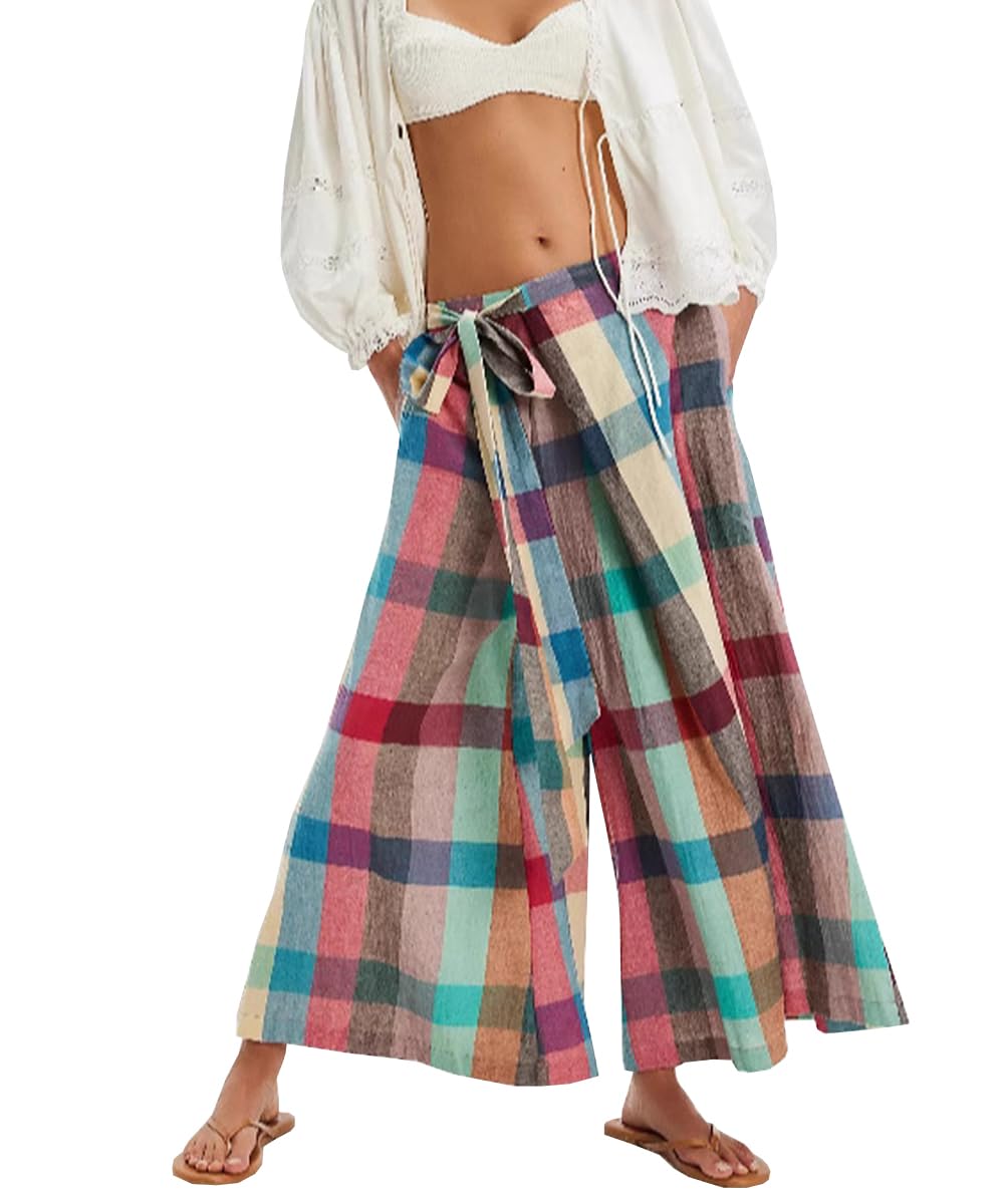 Womens Loose Striped Vacation Wide Leg Pants Casual Lace-Up Capri Flowy Boho Lightweight Pants