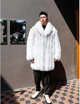 Denny&Dora Men's Real Fox Fur White Jacket Mid-Length style Winter