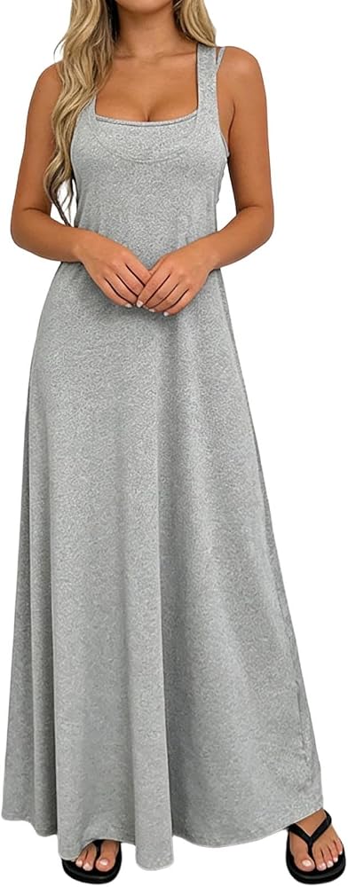 Summer Dress with Built in Bra Sleeveless Square Neck Maxi Dresses with Crop Tank Tops 2 Piece Set Backless Casual Outfits Built in Bra Dress for Women,Grey,Small at Amazon Women's Clothing store