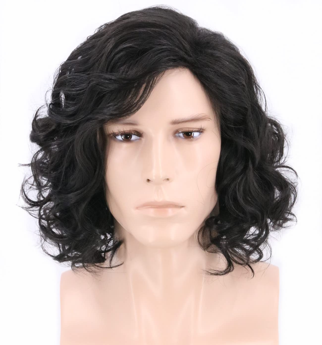 Lucoacos Men's Black Short Wavy Curl Wig Halloween Cosplay Costume Wig