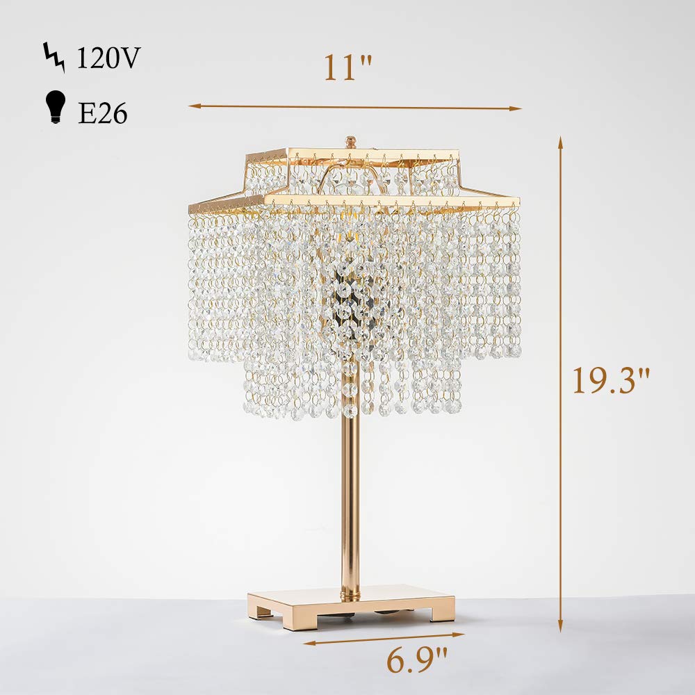 Popity home Gold Crystal Table Lamp with Gorgeous Double-Deck Bedside,Gold Desk Lamps with Elegant Crystal Shade,Nightstand Chandelier lamp for Bedroom, Living Room,End Table,Cafe