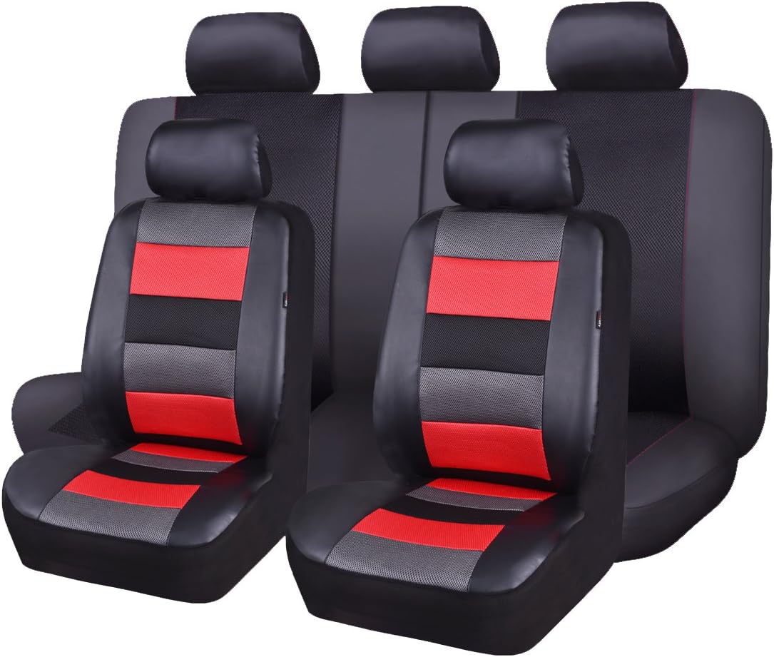 Flying Banner Car Seat Covers Full Set Front Seats and Rear Bench Black Leather and Red Fabric Mesh Cover Breathable Black with Red Color