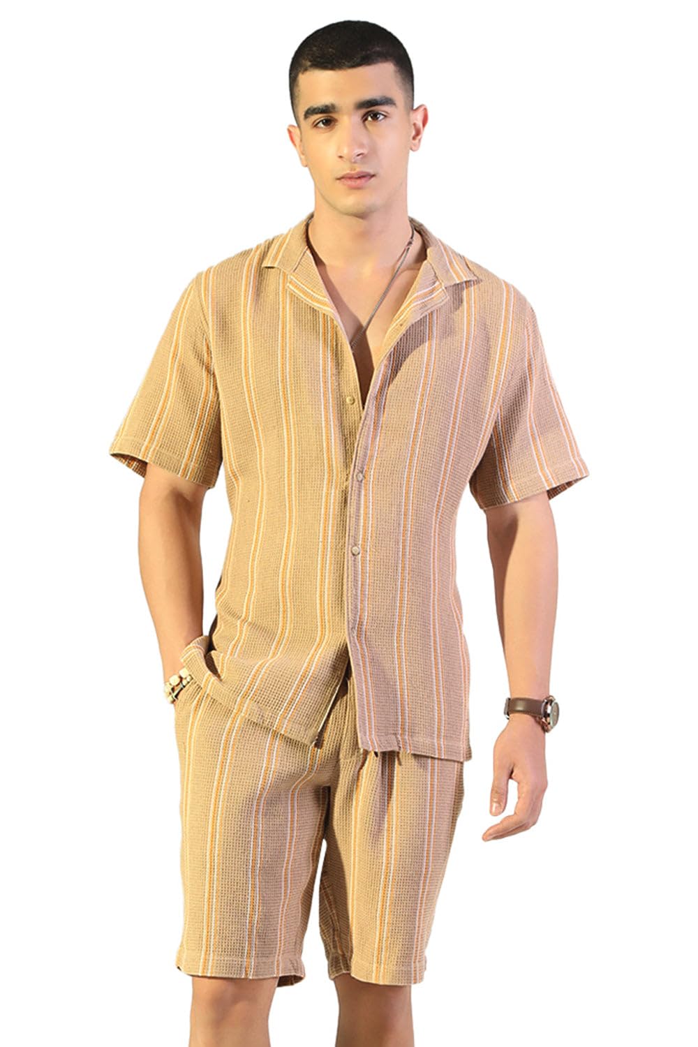 Men's Striped Beige Relaxed Fit Cuban Collar Shirt & Casual Shorts Co-ord Set-RONG-4705_Beige-image-4