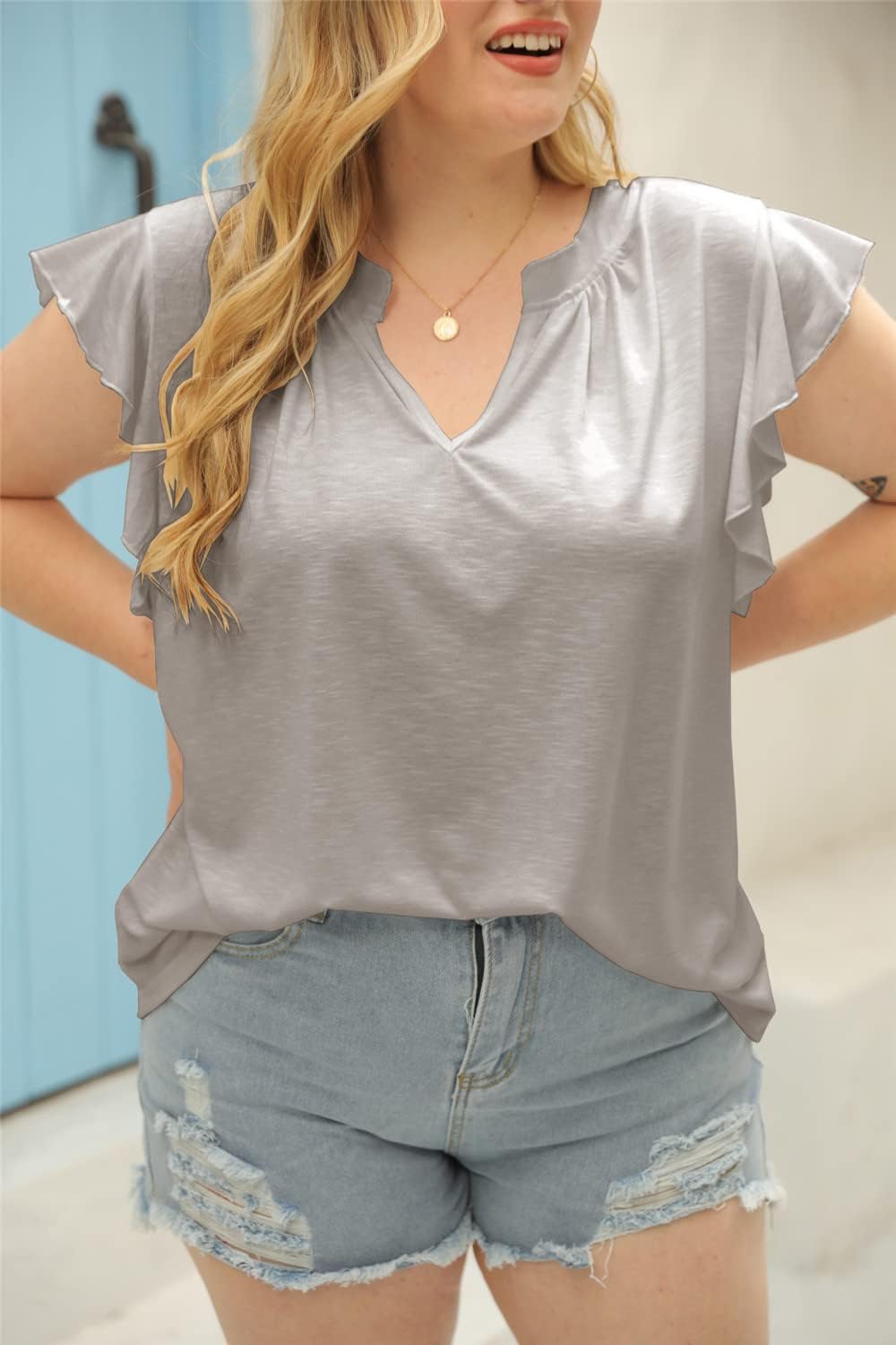 Ebifin Womens Plus Size Tank Tops V Neck Ruffle Sleeve Summer Casual Loose Blouses Tee Shirts - Image 4