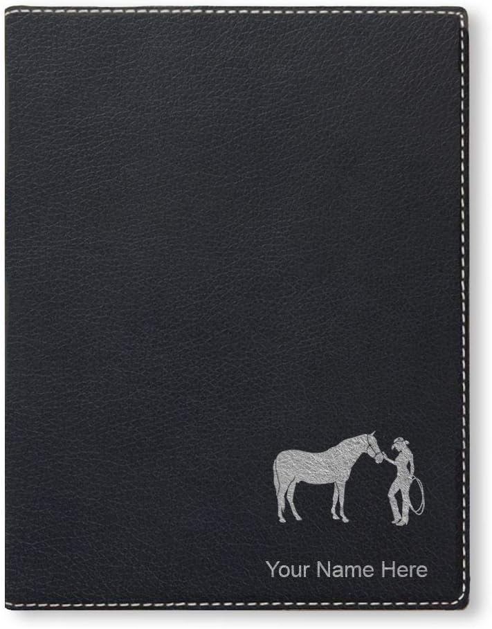 Small 7" X 9" Portfolio Notepad, Horse and Cowgirl, Personalized Engraving Included (Black with Silver)