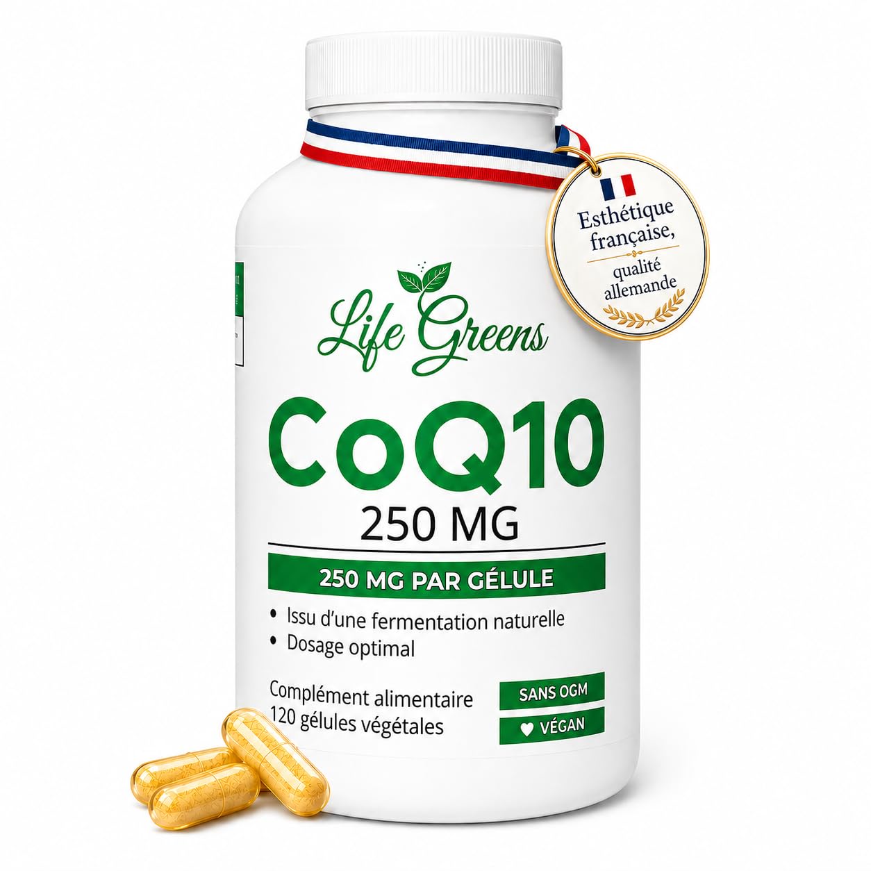 COENZYME Q10 250 mg | CoQ10 Ubiquinol issu de fermentation naturelle | Puissant antioxydant naturel | Protection anti âge | Énergie cellulaire | Absorption optimale | 120 gélules véganes | Sans OGM