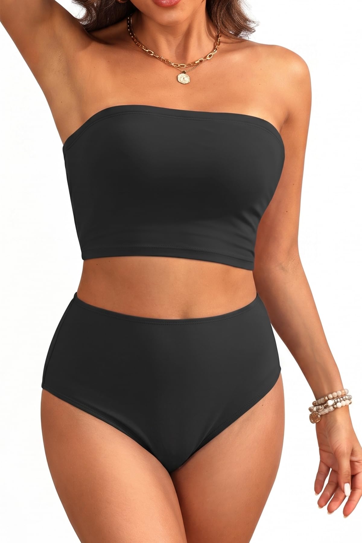Tempt Me Women Bandeau Bikini Set Strapless High Waisted Two Piece Swimsuit Longline Bathing Suits