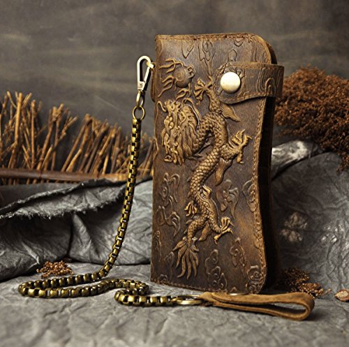 Le'aokuu Mens Genuine Leather Bifold Wallet Organizer Checkbook Iron Chain2