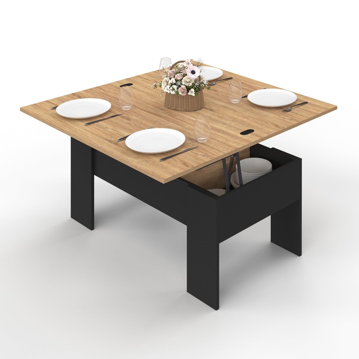 IDMarket - Mesa de centro con tablero elevable rectangular Tara madera negra e imitación haya