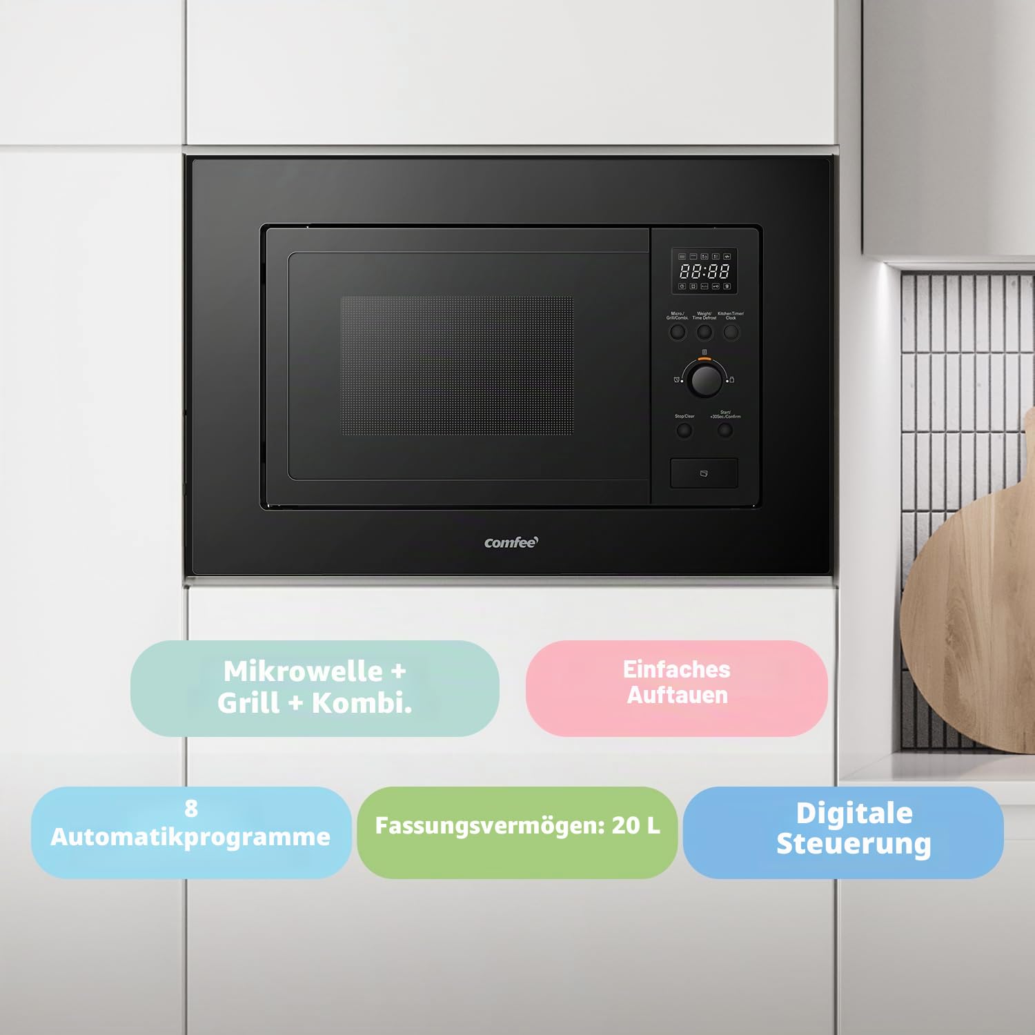 COMFEE' Digitaler Einbau-Mikrowelle, 20 Liter, 800 W, Grill, 5 Leistungsstufen, 8 automatische Menüs, Schnellentfrost-Funktion, Schwarz - CBMAG820BJL-BK