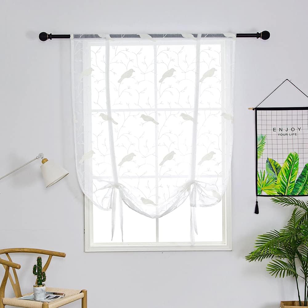 1 Panel Voile Curtains Birds Embroidered Rod Pocket Sheer Roman Blinds for Kitchen Bathroom Balcony Dining Room White 140x140cm