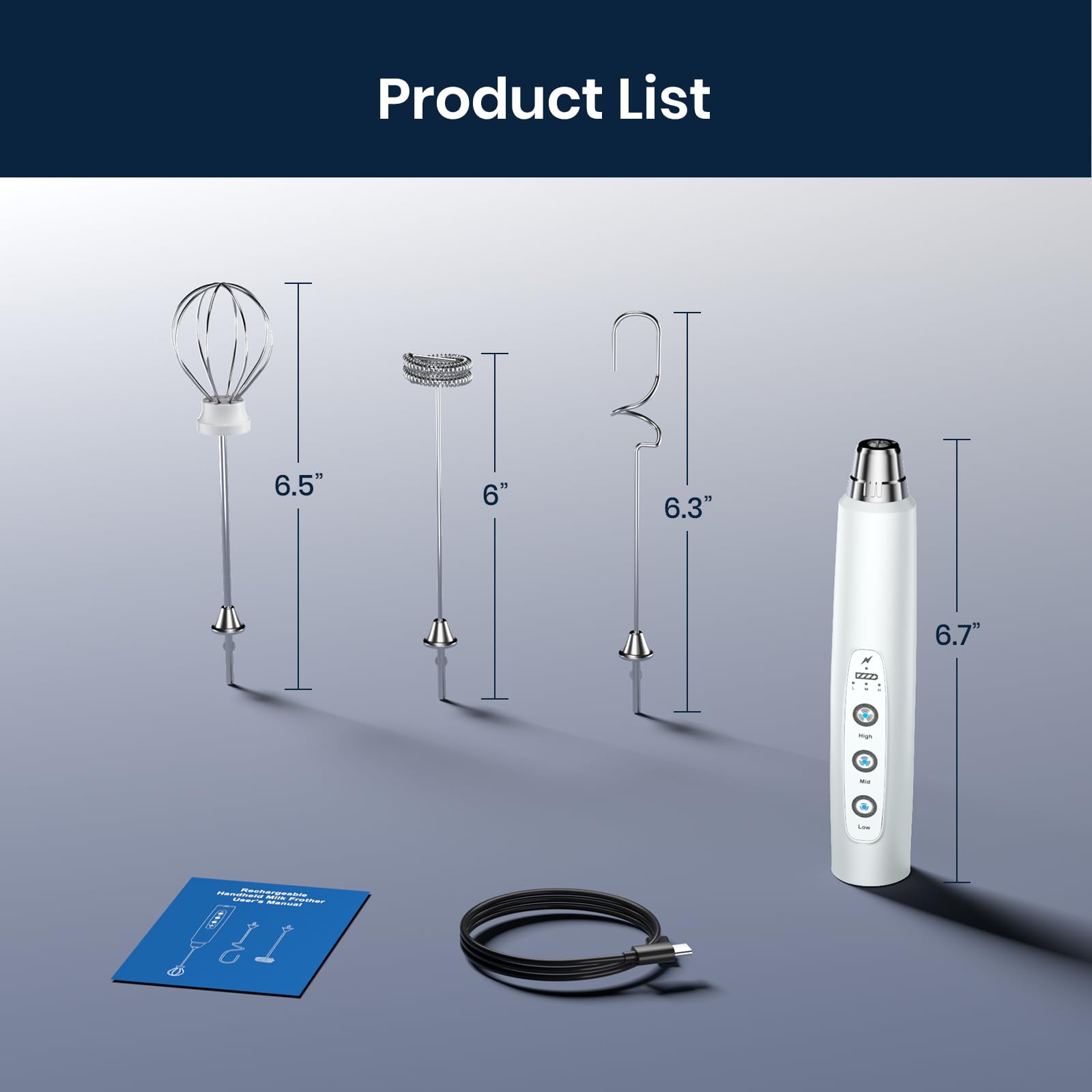 Sakgos Espumador de leche recargable de mano, batidor eléctrico de 3 velocidades ajustable, varita espumadora de café con 3 batidores de acero inoxidable, máquina eléctrica de espuma, batidora