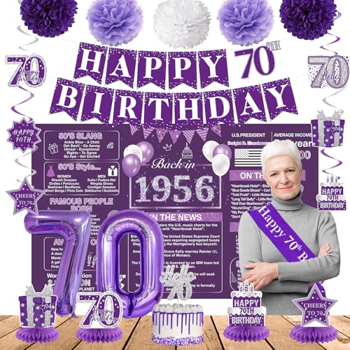 Image of Crenics Purple 70th Birthday Decorations for Women - Back in 1956 Backdrop, Banner, Swirls, Centerpieces, Sash, Paper Pom Poms, Cake Topper and Balloons for 70 Birthday Party Supplies