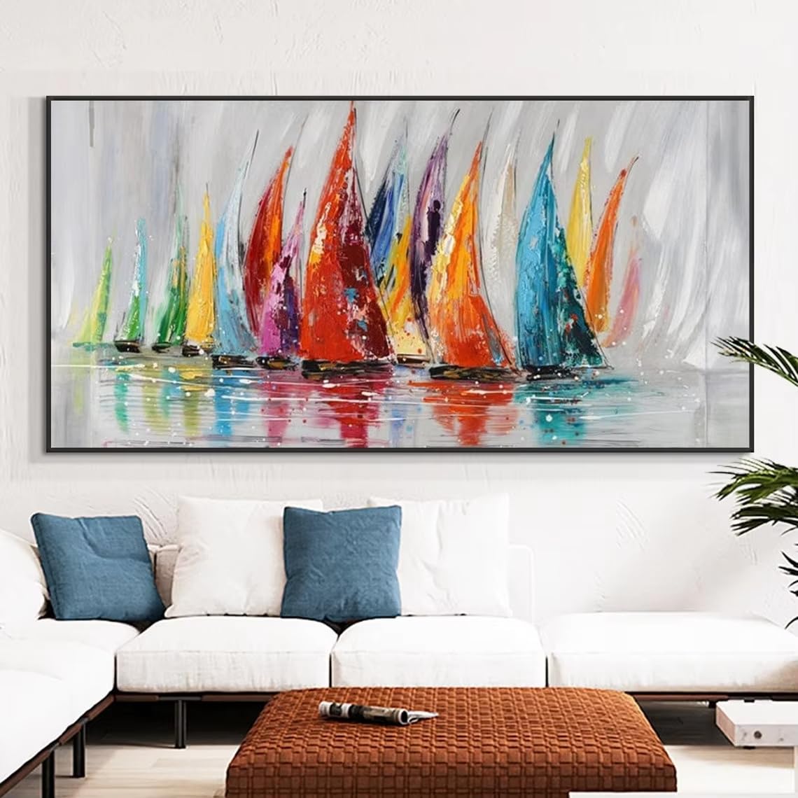 IHHGNB Sailboats Abstract Painting on Canvas Modern Art Prints Living Room Colorful Wall Art Large Ocean Pictures Artwork Decor(50x100cm(20x39in)/No frame)