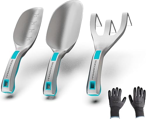 GOODSMANN - Juego de herramientas de jardín, herramientas manuales de aluminio fundido a presión, 3 piezas, incluye paleta de mano, paleta de