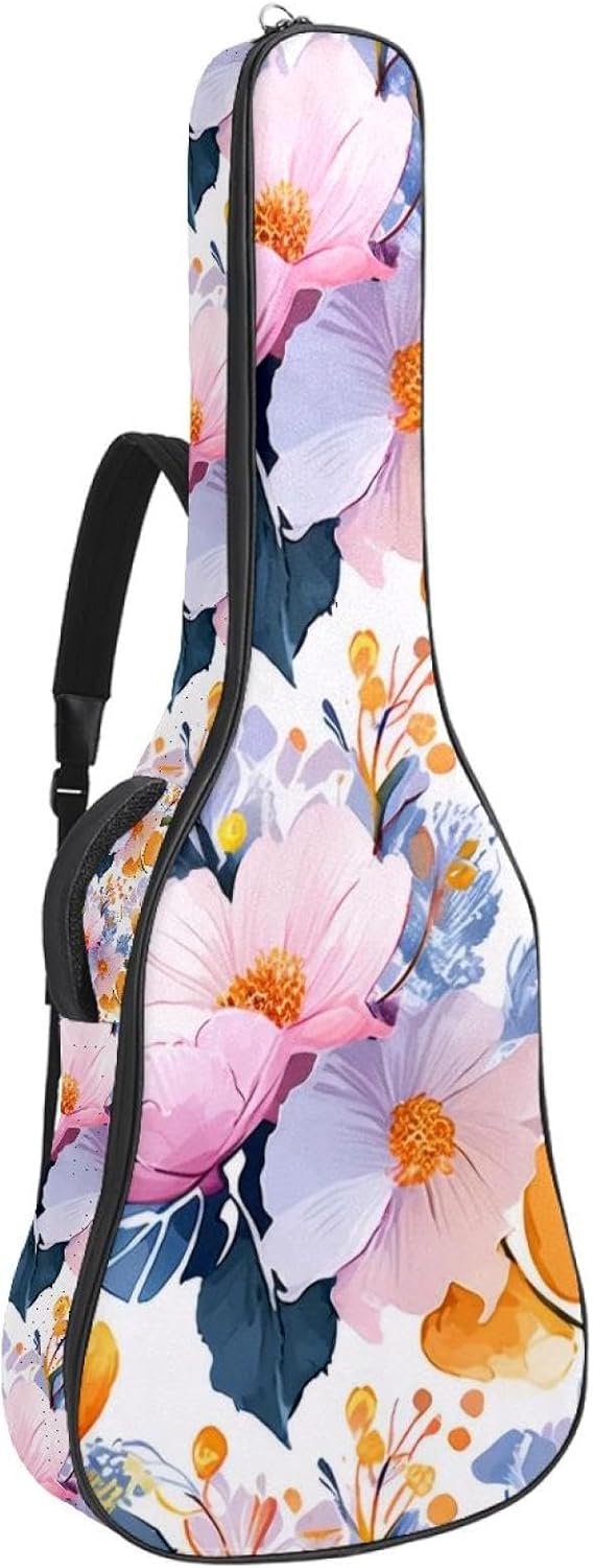 Acoustic Guitar Bag, 40 41 42 Inch Guitar Case Cover Soft Guitar Gig Bag for Acoustic Electric Bass Classical Guitar, Watercolor Pink Flowers Aesthetic Pattern