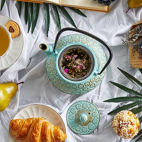 Juvale Teal Floral Cast Iron Teapot Kettle with Stainless Steel Loose Leaf Infuser (34 oz) by Juvale - Used condition - Image 3