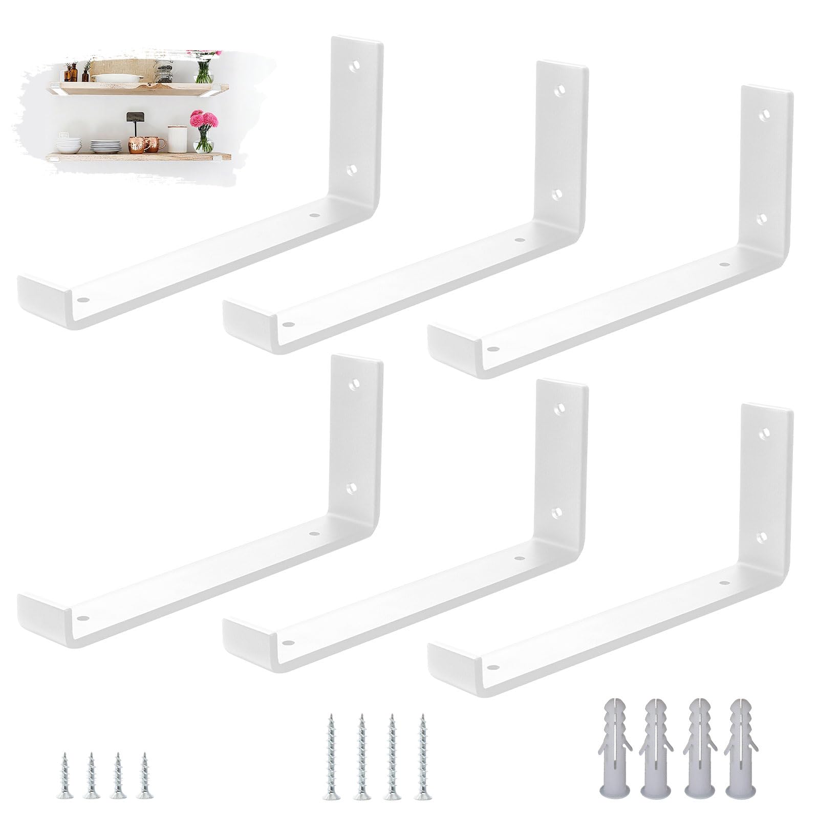 VTOPVMAX 6 Pack Heavy Duty Shelf Brackets with Lips for Scaffold Boards, 5mm Thick Steel L-Shaped Modern White Wall Supports, 12"x4" (30x10cm) Shelving Brackets Kit