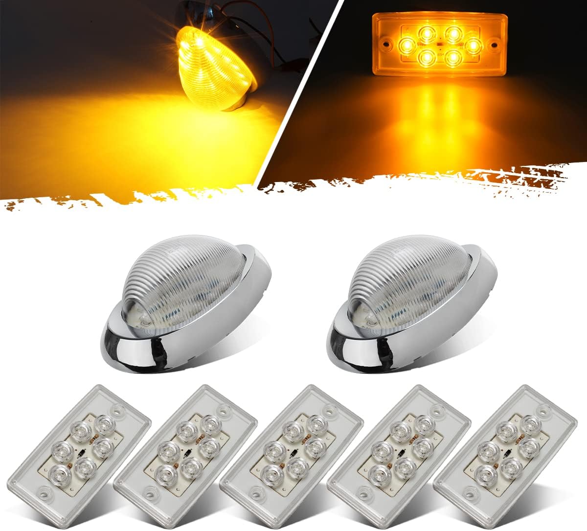 Partsam Replacement for Freightliner Century/Columbia Led Lights Kit Clear, 5x Rectangle Amber LED Cab Roof Top Clearance Marker Lights+2x 5-7/8" Teardrop Sleeper Amber Clearance Marker Lights