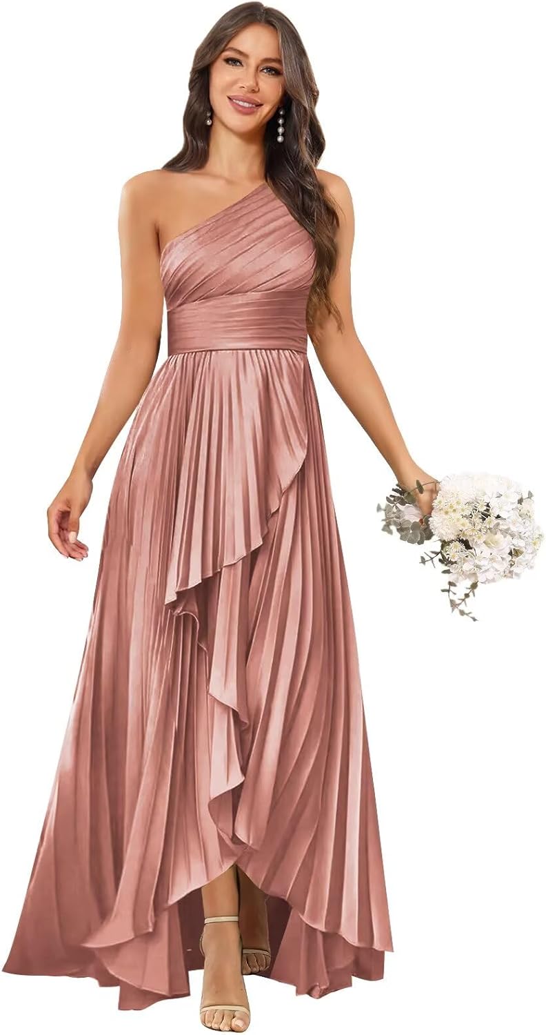 Women's One Shoulder Satin Bridesmaid Dresses Long for Wedding Pleated Corset Formal Wedding Guest Dress Fall