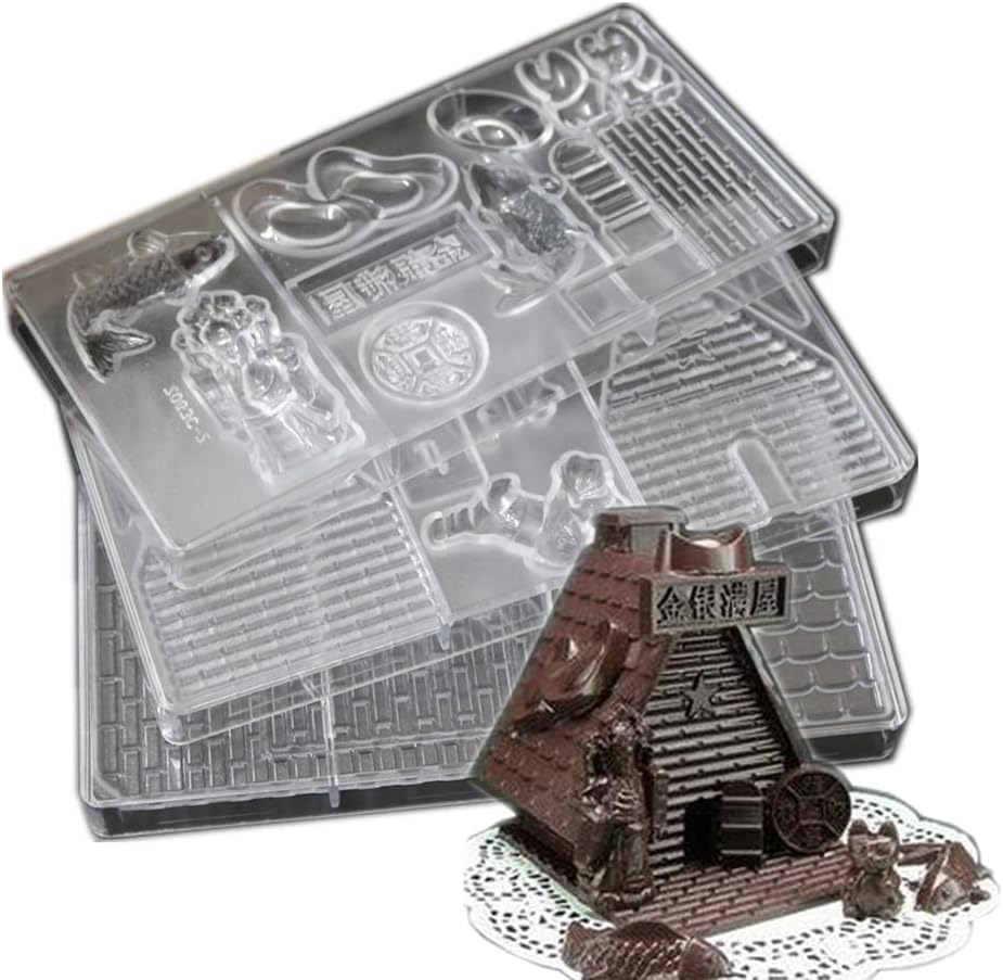3pcs a Set Christmas House and Chinese Style Jin Yin Man Wu Buiding Design Chocolate Chip Mold Assmbled Sugarcraft Molds DIY Bake (Chinese House)
