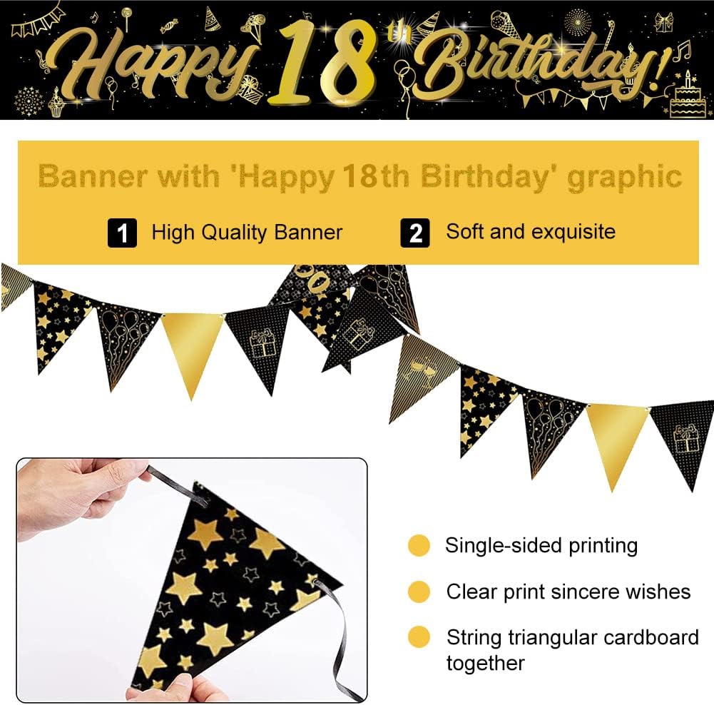 Yontree 14-Piece 18th Birthday Decoration Kit, Gold & Black Theme, Includes 9ft Banner, Birthday Strap, Bunting, Balloons - Image 5