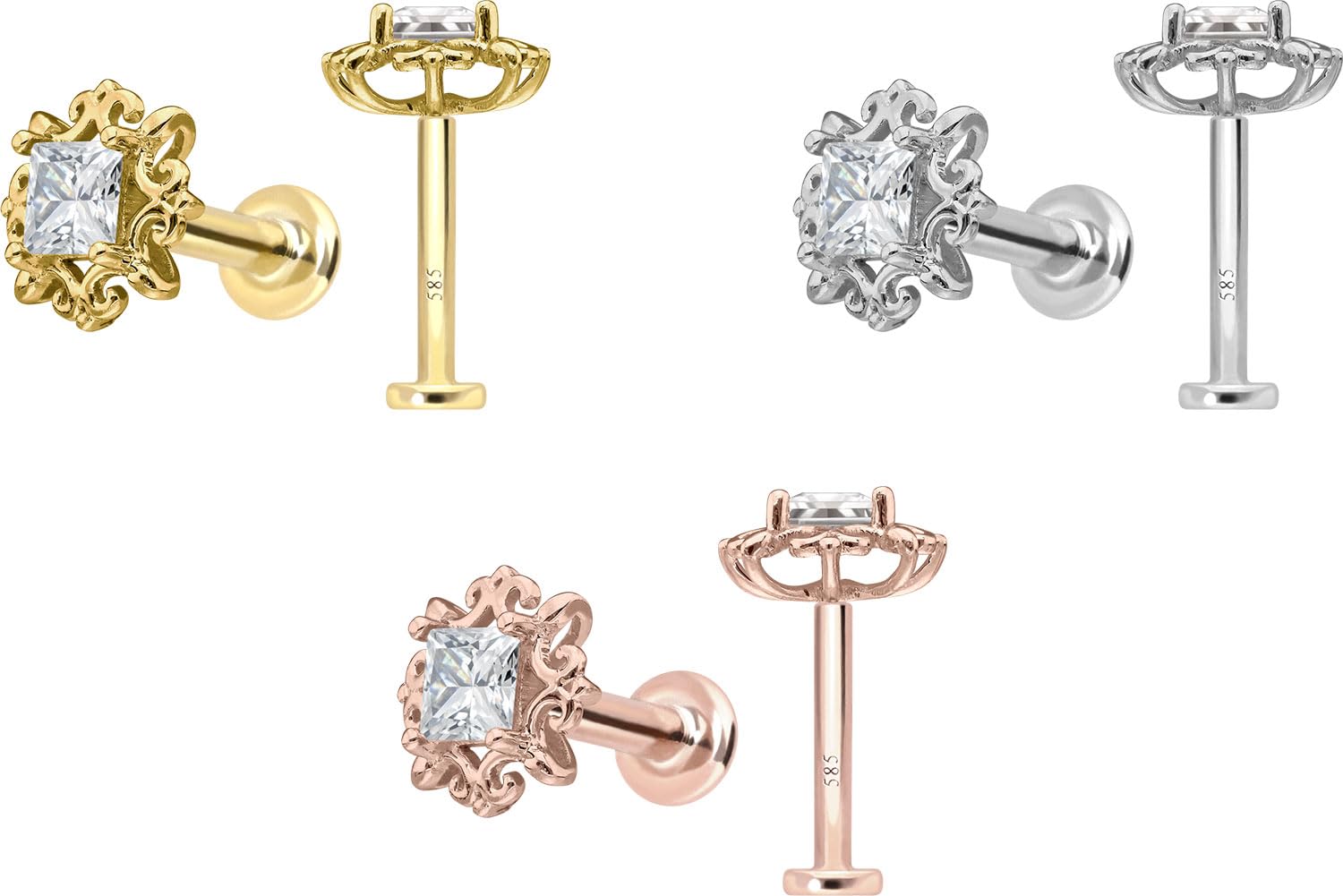 PIERCINGLINE Piercing Stecker 14 Gold Labret mit Innengewinde MOISSANIT-QUADRAT + ORNAMENTE 585er Gold - Roségoldfarben, Goldfarben, Silberfarben