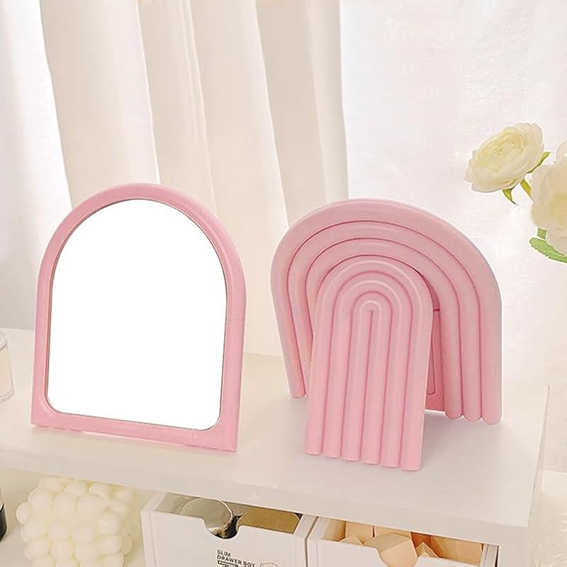 Espelho de maquiagem de mesa TOBETOPTOOLER, rosa, com moldura plástica e formato arqueado