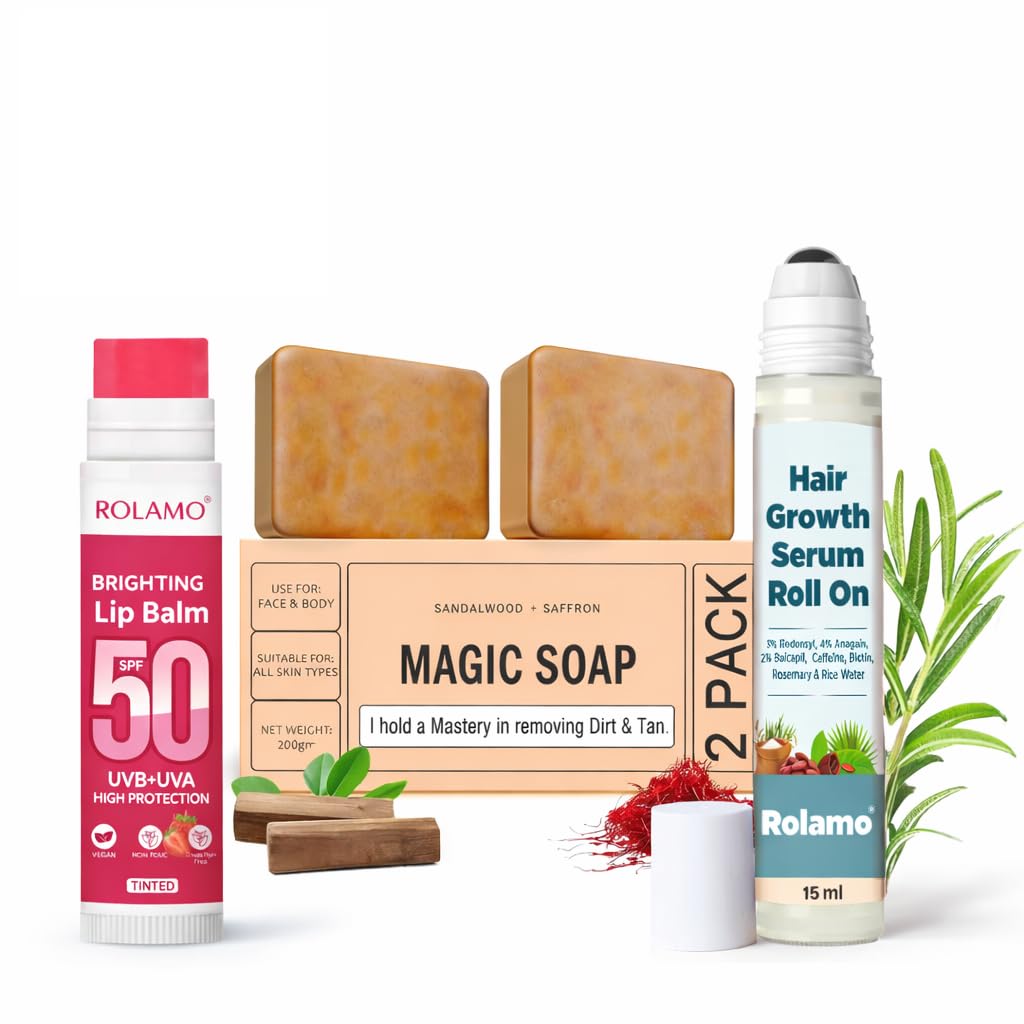 ROLAMO ghar Winter Care Combo Kit | Brightening Lip Balm Spf 50 P+++ Tinted + Magic Soap for Tan Removal + Advanced Hair Growth Serum Roll-On | Pack of 3