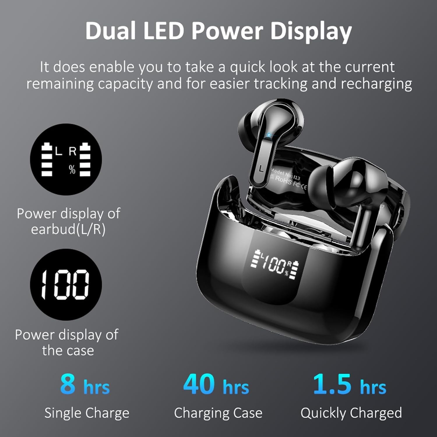 Ordtop Auriculares Inalámbricos Bluetooth, Auriculare Bluetooth 5.4 HiFi Estéreo con 4 ENC Mics, Cascos Inalambricos Bluetooth con Reducción de Ruido, 40H Earbuds IP7 Impermeable, USB-C, Pantalla LED