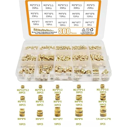 Threaded Inserts M2 + M3 + M4 + M5 + M6 Assortment Box - Brass Heat Set Insert for Plastic Parts - Metric Knurled Nuts - Insert by Heat into 3D Printing Components nut Inserts(300pcs)