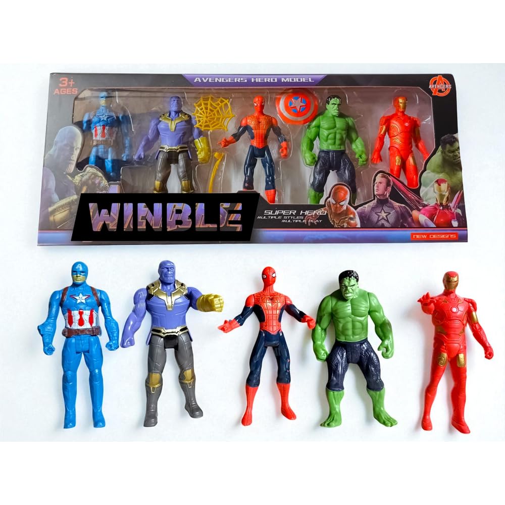 WINBLE Avengers Toy Set Of 5 Marvel Superhero Action Figures Includes Captain America, Hulk, Spider-Man, Iron Man, And Thanos Play Set For Kids, For Heroic Adventures