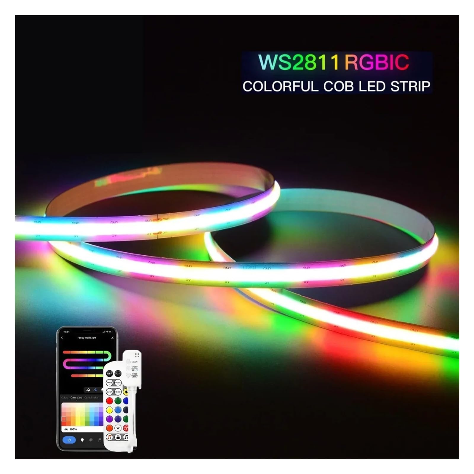 RGB-COB-LED-Streifen-Segmentsteuerung Dreamcolor Lichtmusik Sprachsteuerung funktioniert mit Smart Voice Assistant(EU Adapter Set,2M LED)
