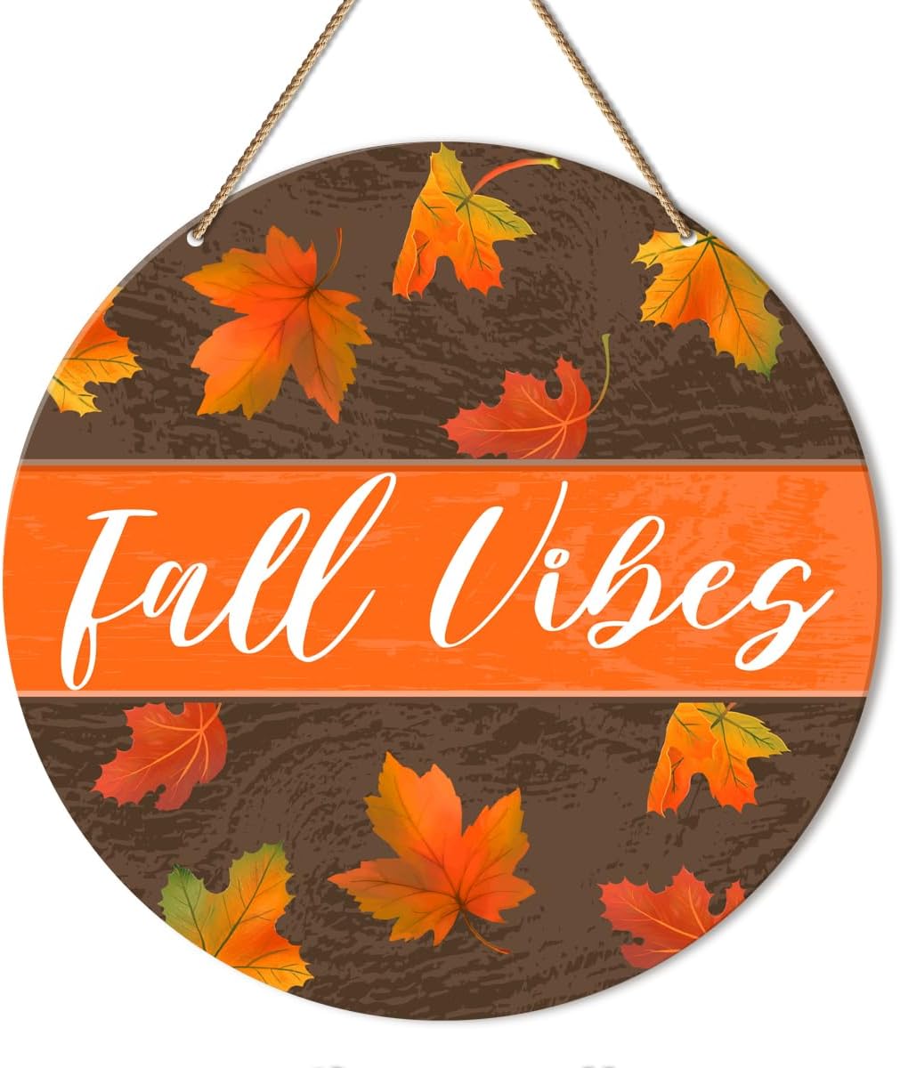 Fall Front Door Decor Sign, Fall Sign Decor for Home Office Door Porch Rustic Harvest Thanksgiving Autumn Maple Leaf Hanging Sign Wall Decorations, Fall Vibes P12
