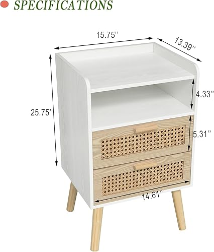 Miniatura 3 de MaxSmeo Mesita de noche blanca con cajones de ratán, mesita de noche moderna de mediados de siglo, mesita de noche de madera bohemia para sala de
