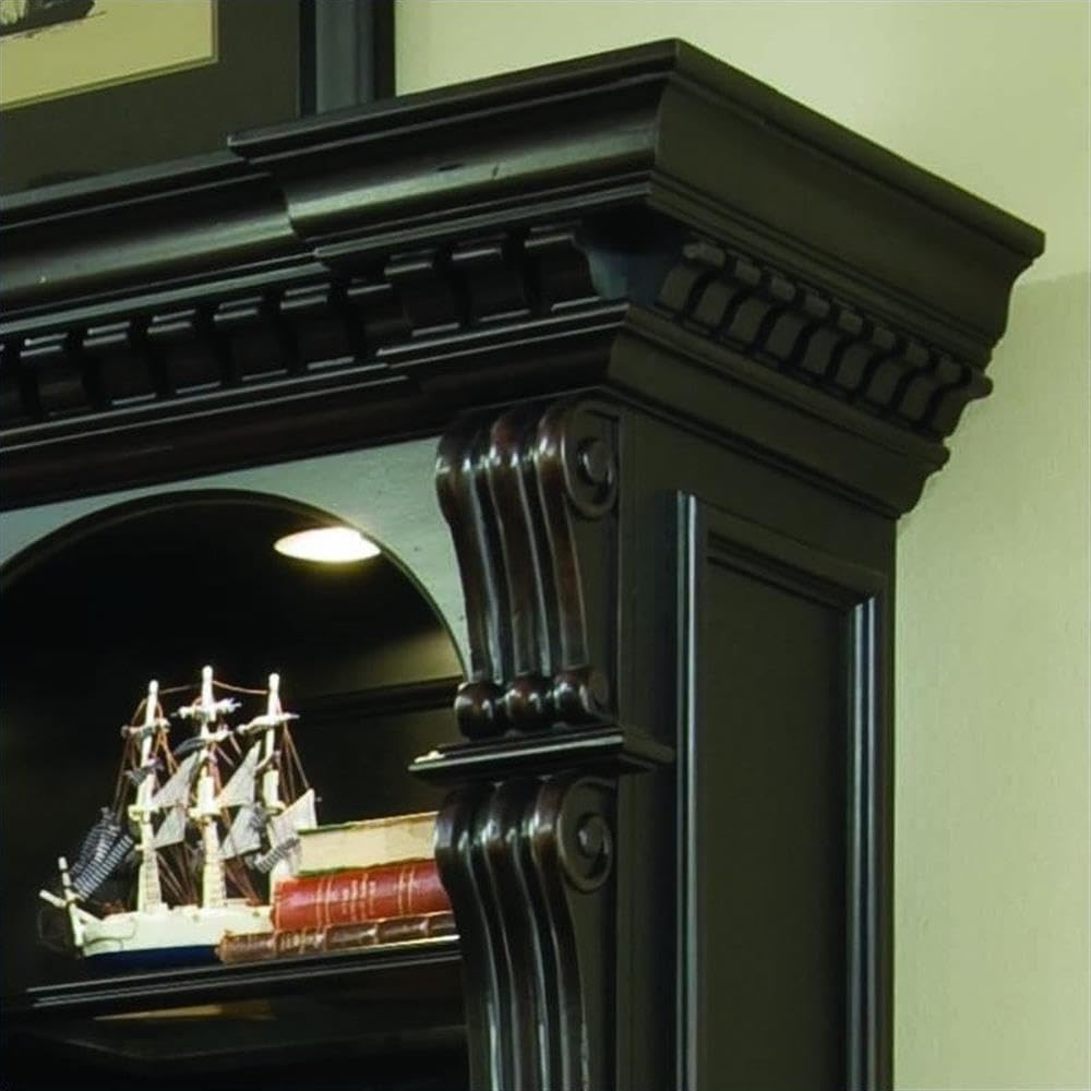 Pemberly Row Mission Wood 12-Shelf Bookcase with Bottom Storage, Black Finish, Hardwood Solids and Cherry Veneers, 88" H x 77.25" W x 22.5" D, Office Furniture with Adjustable and Utility Shelves
