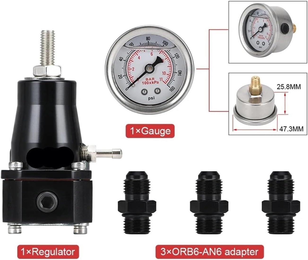 Adjustable 30-70 PSI EFI Fuel Pressure Regulator Kit W/Oil Gauge AN6 Fittings