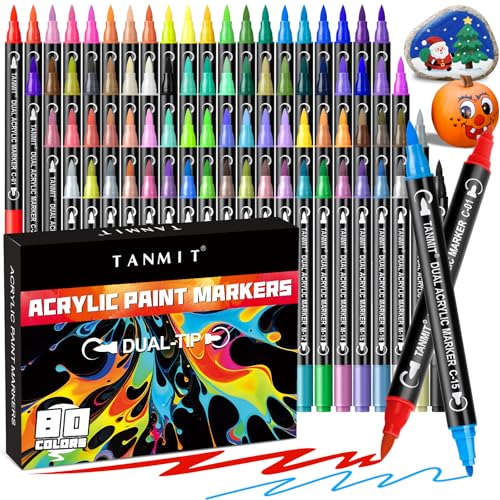 80 Colors Acrylic Paint Markers, Dual Tip Acrylic Paint Pens with Fine Tip and Brush Tip for Rock Painting, Ceramic, Wood, Plastic, Calligraphy, Scrapbooking, Brush Lettering, Card Making, DIY Crafts