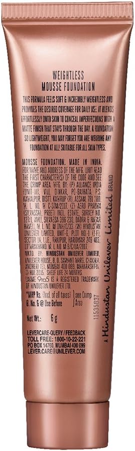 Lakme 9 to 5 Weightless Mousse Foundation, Rose Ivory, 6g