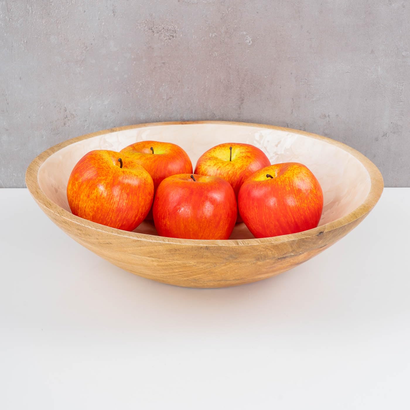 levandeo Schüssel 35cm Mango Holz Creme Perlmutt Emaille Schale Bowl Salatschüssel Deko Servierplatte Tischdeko Dekoration