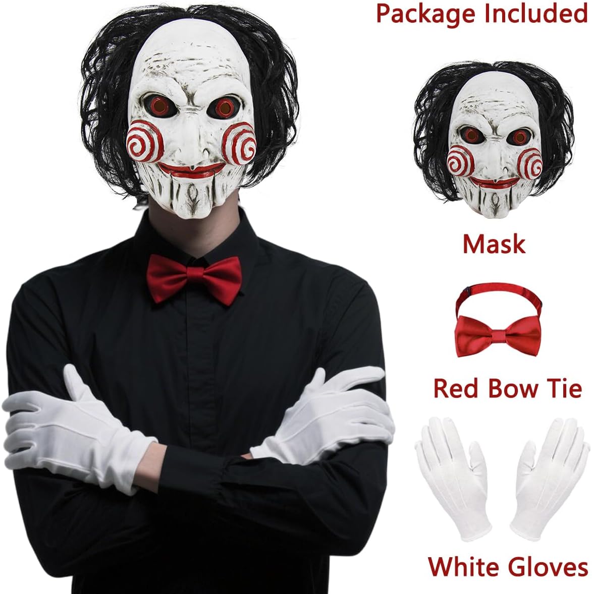 Oumbivil Saw Billy Costume Mask Adult Horror Movie Full Head Latex Mask with Hair Scary Halloween Costumes Clown Puppet Cosplay with Red Bow Tie and Gloves Party Masquerade Props OU084