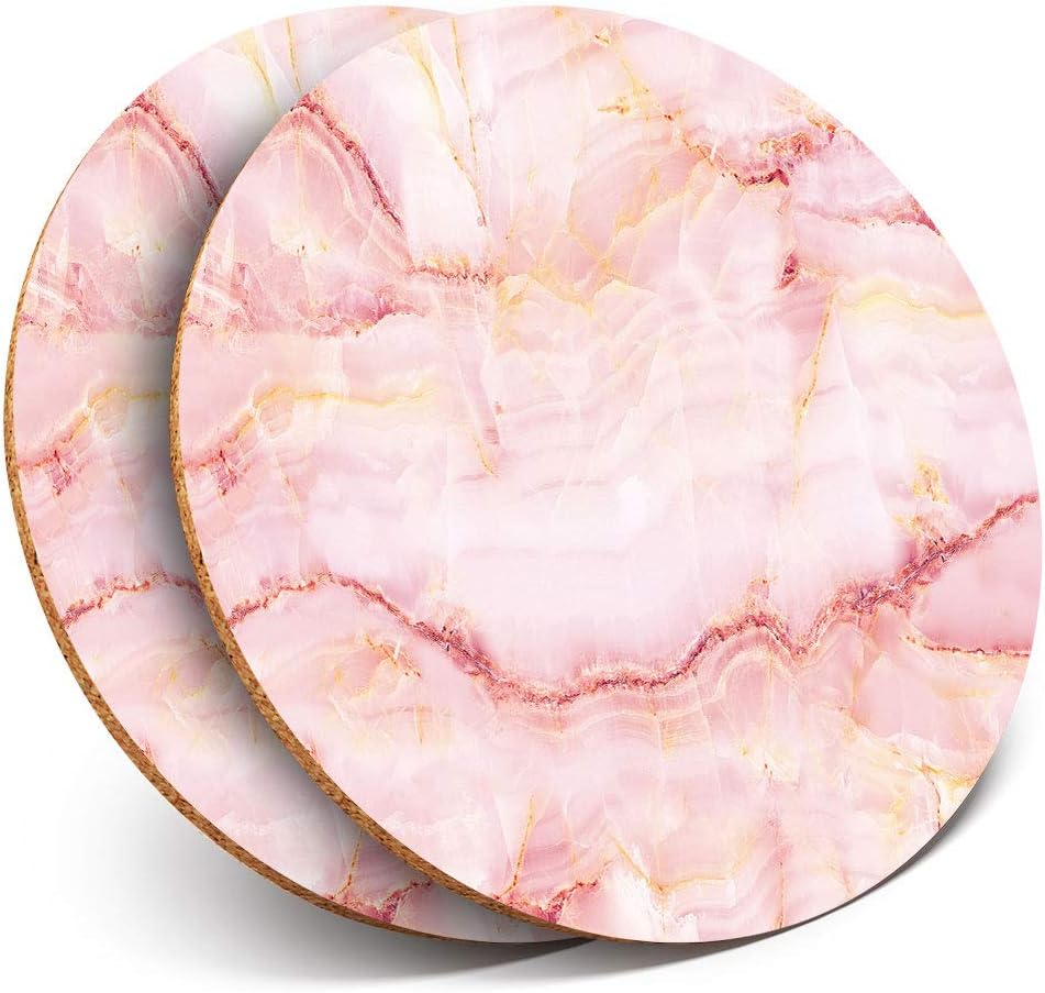 2 x Round Coasters - Pink Marble Stone Agate Fun - Cork Backed Home Kitchen Accessory Tea Coffee Mug Mat #2726