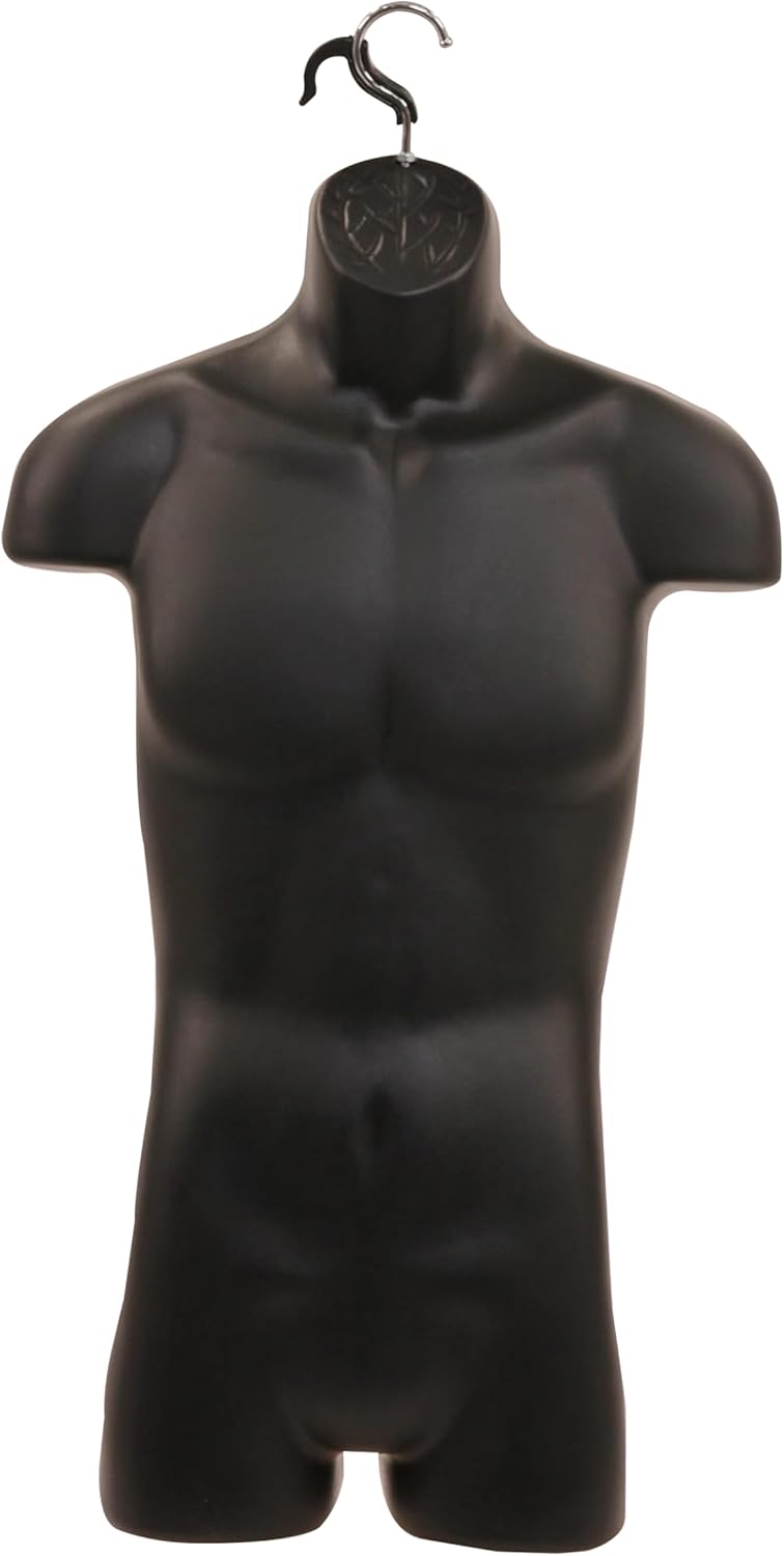 SSWBasics Male Molded Shatterproof Black Shapely Torso Form with Hook - Fits Men's Sizes