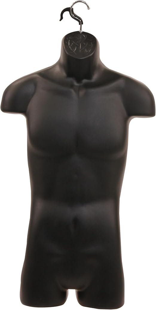 SSWBasics Male Molded Shatterproof Black Shapely Torso Form with Hook - Fits Men's Sizes