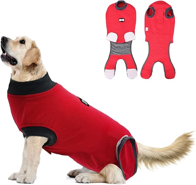 Duuclume Professional Pet Recovery Suit Body Suit After Surgery Dog Onesie Cone Alternatives Spay Neuter Suit Surgical Recovery Suit - for Female & Male Dogs(Red/S)