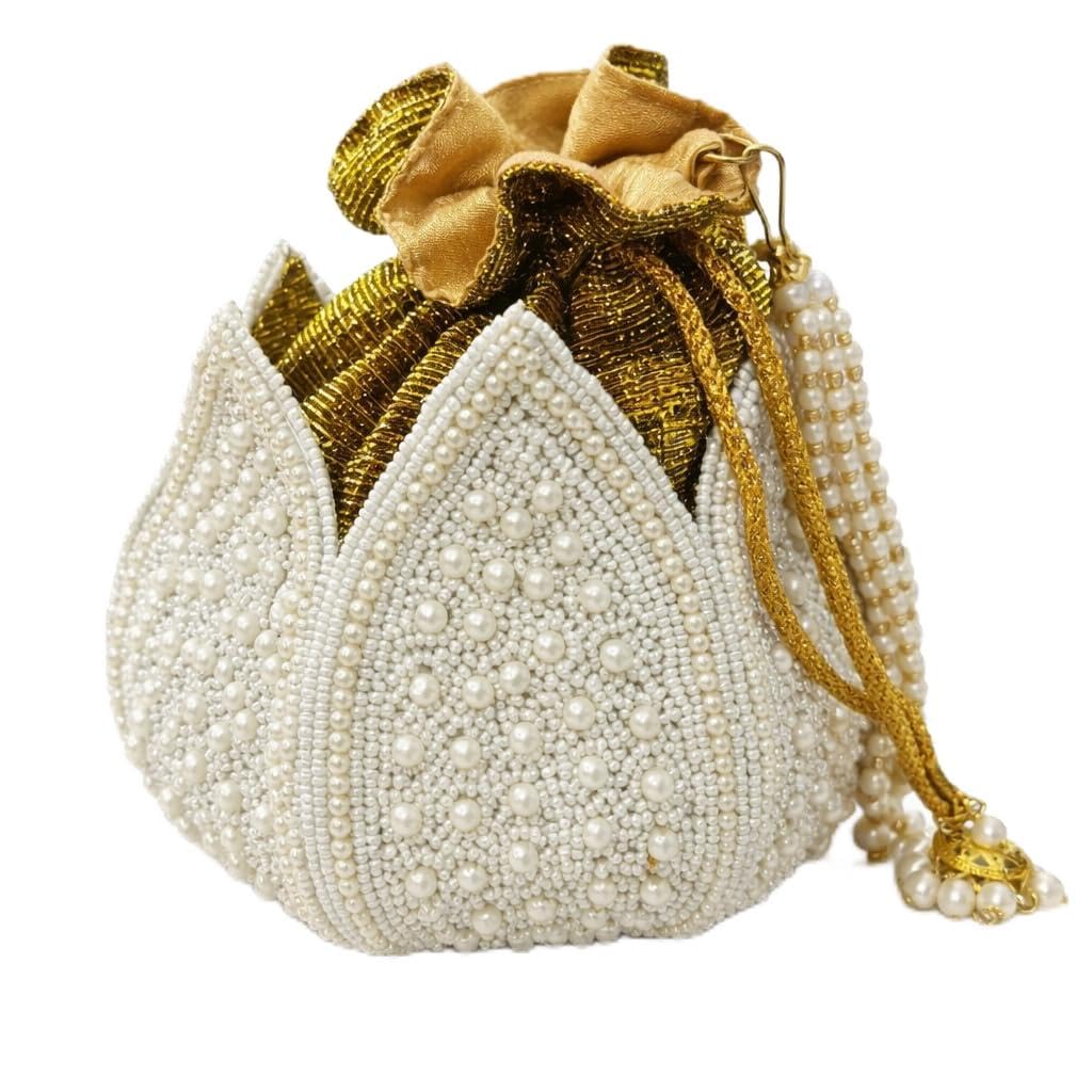 White Pearl Potli Bag for Women, Designer Bridal Wedding Potli Purse, Embroidered Batua Bag with Golden Drawstring, Ethnic Potli Clutch for Gifting-picture-30