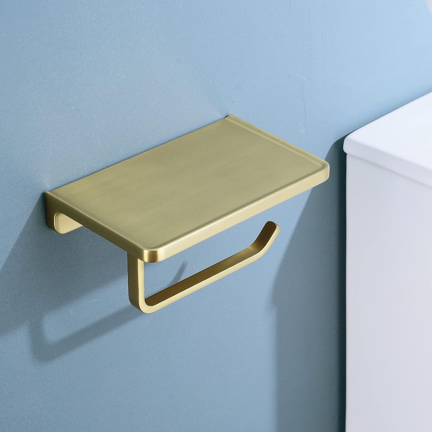 Brushed Gold Toilet Paper Holder with Phone Shelf, Wall Mounted Zinc Alloy Bathroom Accessories Rustproof Tissue Roll Holders Dispenser