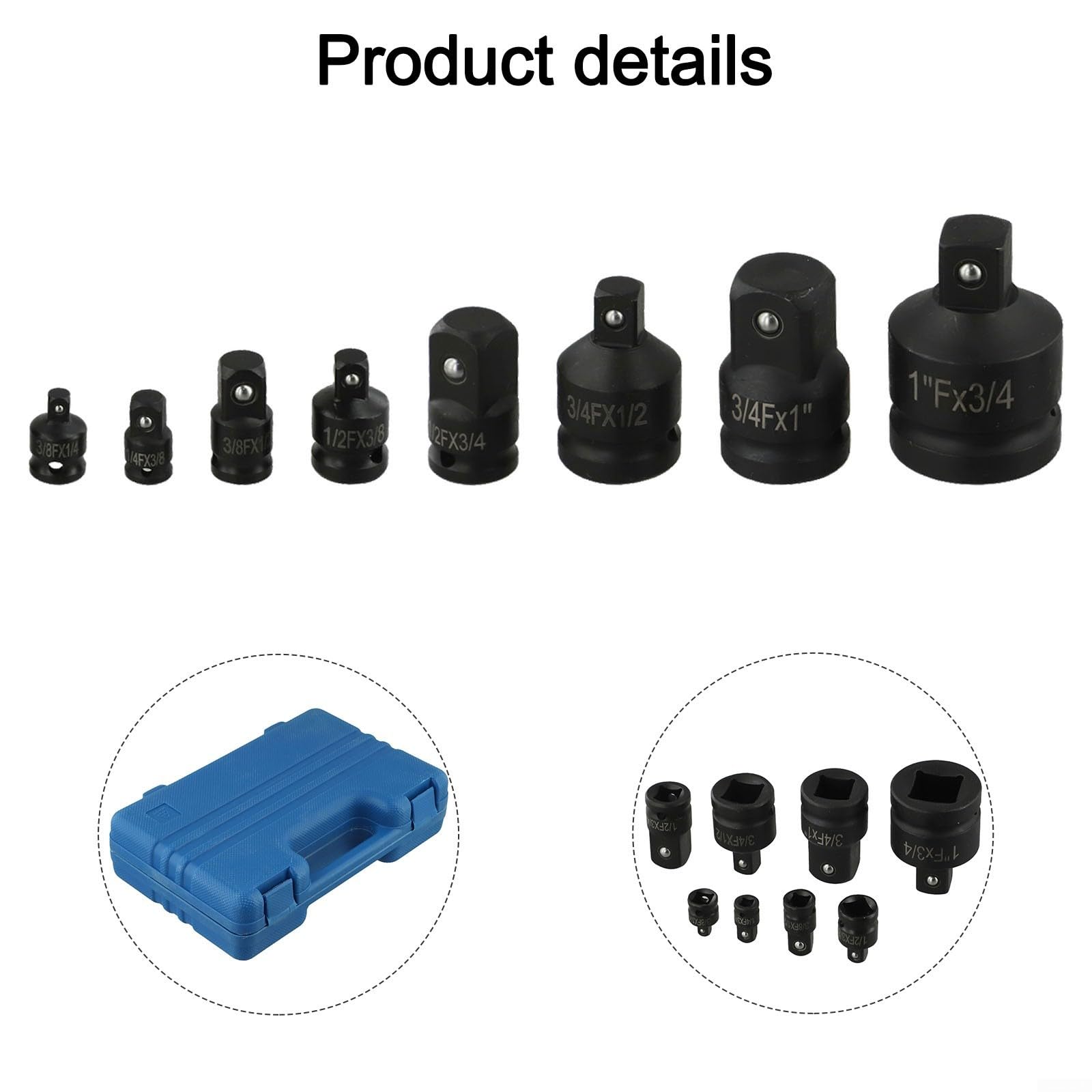 Juego de 8 adaptadores reductores resistentes para taladro eléctrico, llave de carraca, reparación de cochera, color negro