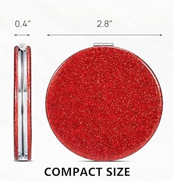 Red Compact Mirror for Purse,Magnifying Travel Mirror with Glitter,Double-Sided Small Pocket Mirror,Portable 2 x 1x Magnification Folding Makeup Mirror,Cosmetic Mirror for Gift