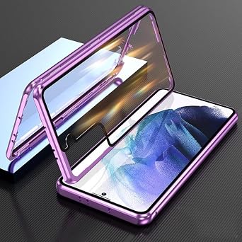 for 6.1 inch case, Lockable Double-Sided Tempered Glass Magnetic adsorption + Safety Lock 360 Full Body Shockproof Aluminum Bumper Clear Glass Cover Purple